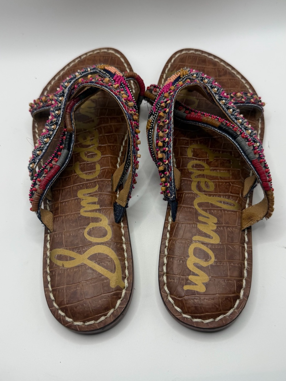 Sam Edelman Hand-Beaded Bohemian Style Brown Leather Thong Sandals - Picture 3 of 6